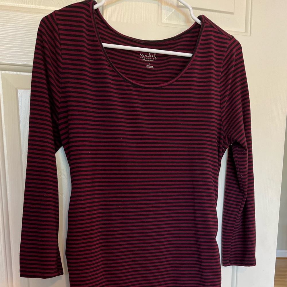 Red and black striped midi maternity dress with 3/4 sleeves